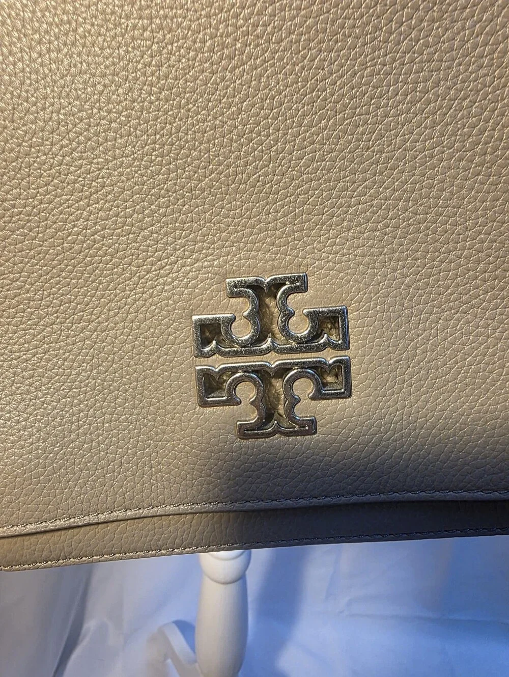 Tory Burch Taupe Pebbled Leather Flap Crossbody Shoulder Bag Silver Chain